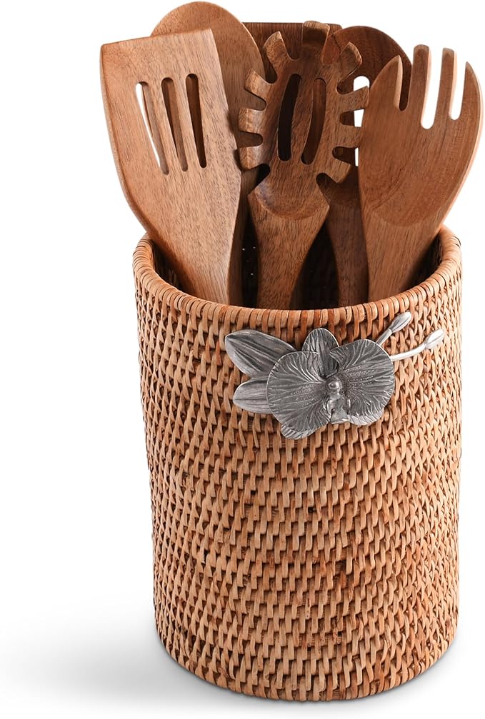 Vagabond House Wicker Rattan Utensil Holder, 8 Inches Tall, Large Kitchen Organizer with Pewter Orchid, Woven Boho Decor for Practicality and Style