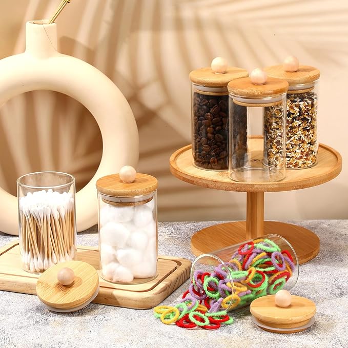 6 Pack Glass Apothecary Jars with Lids Bamboo Bathroom Accessories Cotton Balls Pads Swabs Holder Jar Bathroom Canisters for Vanity Accessories Storage
