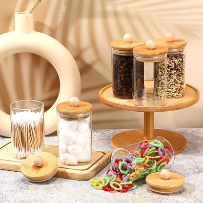 6 Pack Glass Apothecary Jars with Lids Bamboo Bathroom Accessories Cotton Balls Pads Swabs Holder Jar Bathroom Canisters for Vanity Accessories Storage