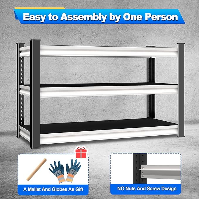3-Tier Garage Shelving Heavy Duty,48" W Metal Shelving Unit for Garage,1600lbs Load Capacity Utility Rack Shelves & Shelves,48" W x 18" D x 39" H(White)
