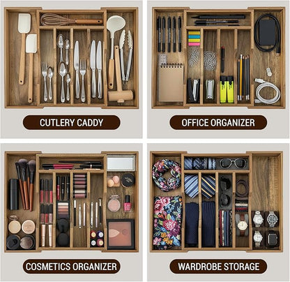 MyGift Expandable Premium Acacia Wood Kitchen Drawer Organizer – Adjustable Flatware, Silverware, Cutlery and Utensil Storage Tray for Kitchen Drawers