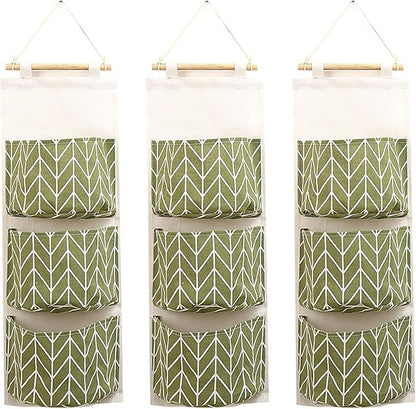 COVRA 3-Pack Wall Hanging Storage Bags – Over-the-Door Organizers with 3 Large Pockets (6.3" × 5.1"), Hanging Closet & Pantry Organizer for Bedroom, Bathroom, Dorm, and More (Green)