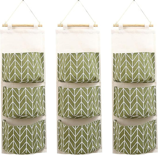 COVRA 3-Pack Wall Hanging Storage Bags – Over-the-Door Organizers with 3 Large Pockets (6.3" × 5.1"), Hanging Closet & Pantry Organizer for Bedroom, Bathroom, Dorm, and More (Green)