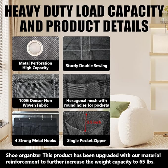 Over the Door Shoe Organizer 35 Pockets, Black Folding Hanging Shoe Rack for Door with Metal Hooks, No-Drill Install, Space-Saving Door Shoe Organizer for Closet, 67.7in x 26.4in