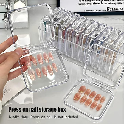12Pcs Press on Nail Packaging Boxes, False Nail Container Organizer Clear Nail Display Case with 1 All-In-One Acrylic Storage Box and 30pcs Double-sided Adhesive Tape for Nail Art Salon Home Use