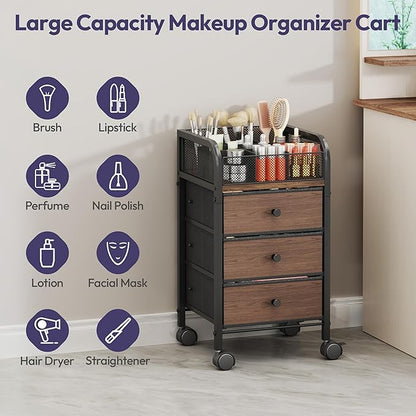 SWTYMIKI Rolling Makeup Organizer Cart - Under Desk Vanity Makeup Storage with 3 Non-woven Drawers, Nail Cart Organizer Cosmetic Display Cases Cabinet for Skin Care Perfume Nail Polish Brush Hair Tool