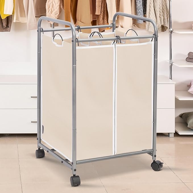 STORAGE MANIAC Laundry Sorter 2 Section, 90 L Gal Laundry Hamper with Wheels, Clothes Basket Separator Sorter, 2 Bag Clothes Cart with Wheels and Removable Bags for Closet, Dorm, Collage, Beige