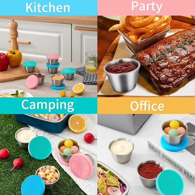 Freshmage [6 Pack 2.4oz] Stainless Steel Dressing Container with Silicone Lids, Reusable Leakproof Condiment Containers Small Sauce Container Sets