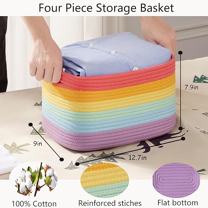 Rainbow Rope Basket for Storage 4 Pack Cotton Rectangular Baskets for Shelves Woven Toy Storage Bins for Nursery Kids in Classroom 12.7"Lx9"Wx7.9"H