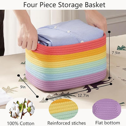 Rainbow Rope Basket for Storage 4 Pack Cotton Rectangular Baskets for Shelves Woven Toy Storage Bins for Nursery Kids in Classroom 12.7"Lx9"Wx7.9"H
