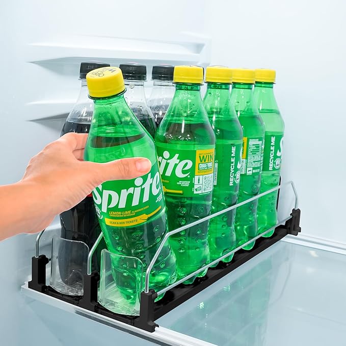 Upgraded Premium Drink Organizer for Fridge. Ultra Space Saving Soda Can Organizer for Refrigerator with Larger Stopper Height and Automatic Pusher with Locking Feature. Holds 10 Cans (2 Rows, Black)