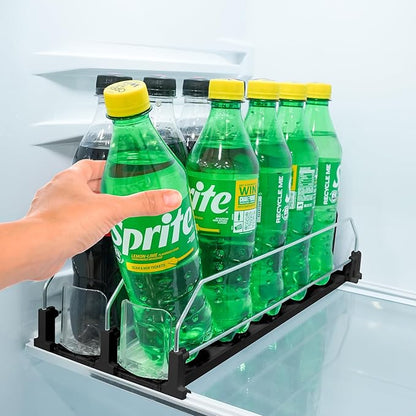 Upgraded Premium Drink Organizer for Fridge. Ultra Space Saving Soda Can Organizer for Refrigerator with Larger Stopper Height and Automatic Pusher with Locking Feature. Holds 10 Cans (2 Rows, Black)