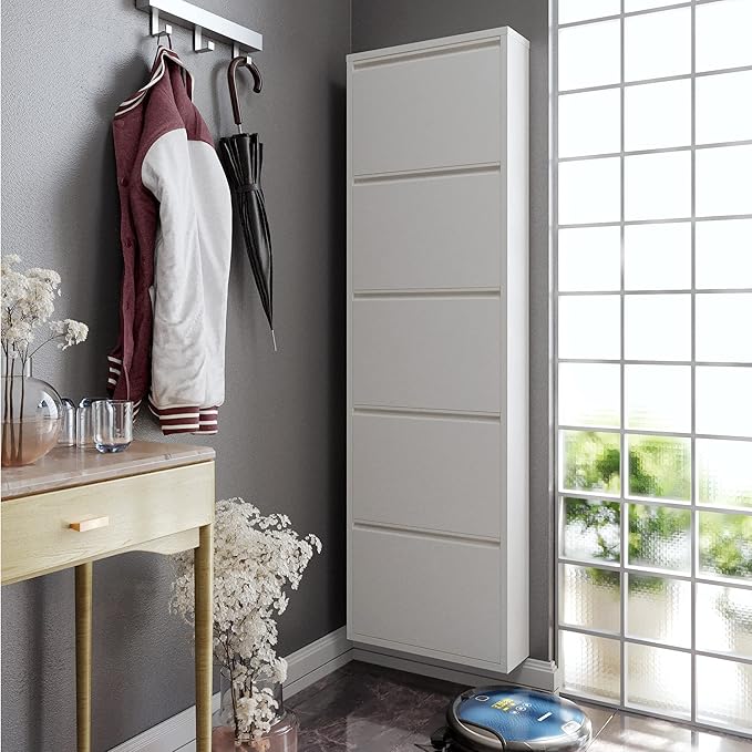 CEHA 5 Tier Metal Shoe Cabinet with Cover, Durable Shoe Storage Organizer for Entryway, Space Saving Shoe Shelf Closet, 5.91" x 66.5" x 19.68", White