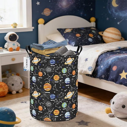 Kids Laundry Hamper, Large Collapsible Round Solar System Space Themed Laundry Basket, Waterproof Fabric Planets Organizer with Handles for Boys Bedroom Nursery Playroom