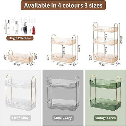 YCIA&DONE Bathroom Organizer Countertop, Makeup Storage, Skincare Cosmetic Tray Shelf, Perfume Holder Rack for Vanity Counter, Large Capacity, Easy to Install, Clean, 2 Tiers, Amber Gold