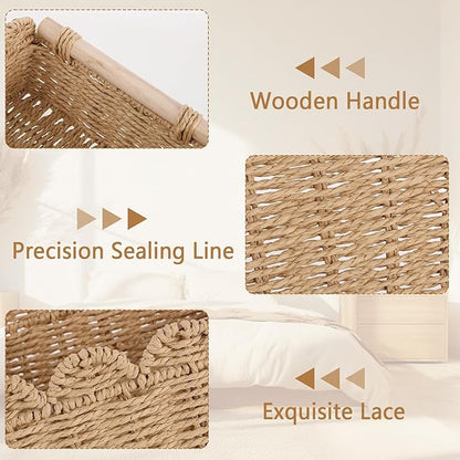 2 Set Paper Rope Scalloped Edge Decor Baskets for Toilet Tank Top, Living Room, Bedroom, End Table, Shelves with Wooden Handle, Both Small Items, Beauty Products, Cleaning Supplies