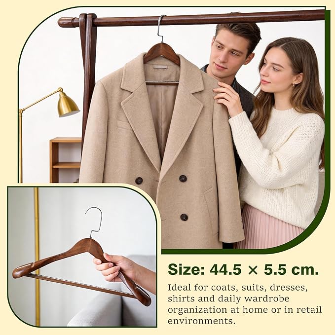 Luxury Wide Shoulder Wooden Coat Hangers with Anti Slip Pants Bar, Solid Wood Thick Jacket Hangers Smooth Finish for Sweater Dress Pants Sport Coats (Dark Brown, 6 Pack)