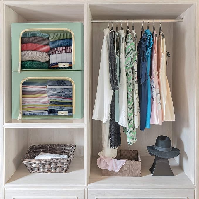 Sorbus Storage Bins with Metal Frame - Stackable & Foldable Clothes Organizer Bags - Oxford Fabric Storage Containers with Large Clear Window & Carry Handles Organization for Bedding Linen & Clothing