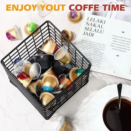 Zubebe 4 Pcs Coffee Pod Holder Large Capacity Coffee Pod Basket Wire Organizer Capsule Cages Metal Storage Capsule Basket, 5.3 x 5.3 x 6.3 In (Black)