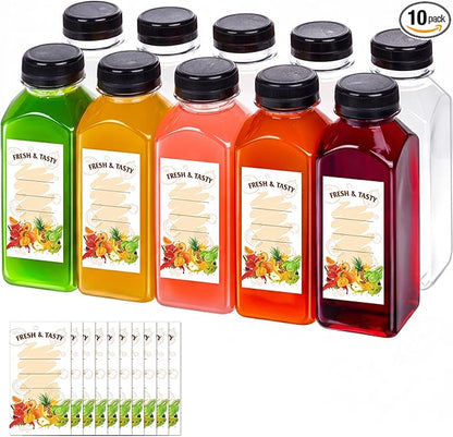 BAKHUK 10pcs 12oz Empty Plastic Juice Bottles with Caps, Plastic Water Bottles with Lids, Reusable Clear Bulk Beverage Containers for Juice, Milk and Other Beverages