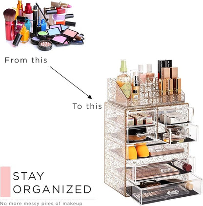 Sorbus Acrylic Makeup Organizer Set, 7-Drawer Vanity & Countertop Cosmetic Storage with Small & Wide Compartments, Glitter Makeup Storage for Brushes, Jewelry – Holiday Gift for Women & Teens
