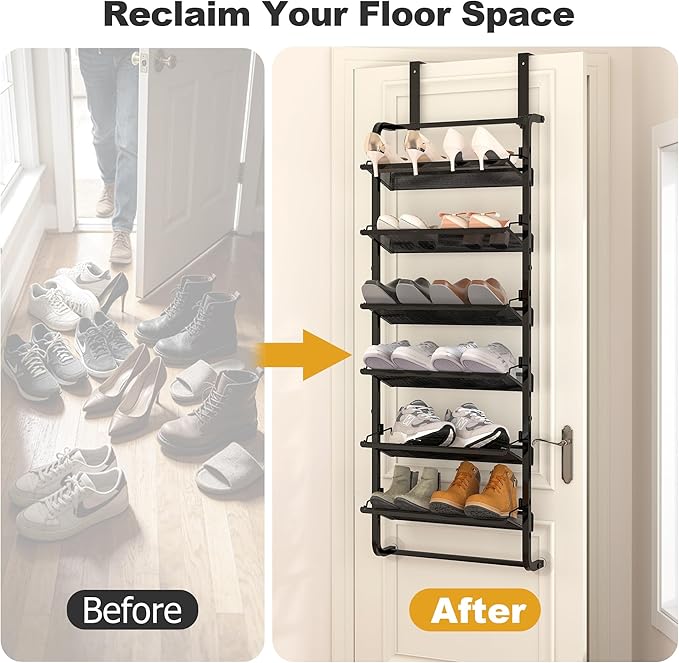 BUKFEN 6 Tier Adjustable Heavy Duty Metal Shoe Rack, Door Hanging and Wall Mount Organizer for Closet, Bedroom, Entryway, Laundry, Apartment, Small Spaces, Space Saving Solution for Busy Homes