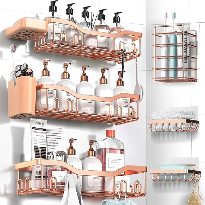 NESOMI Shower Caddy Adhesive Shower Organizer 8-Pack, Rustproof Stainless Steel Bathroom Shelves, Large Capacity No-Drill Rack Storage Accessories with Soap Dish Toothbrush Holder Hooks
