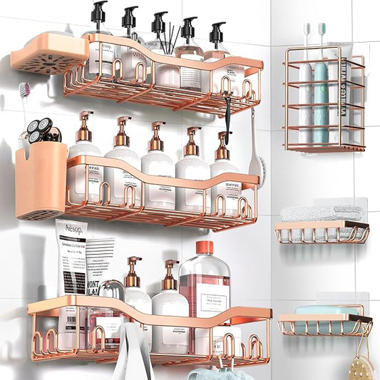 NESOMI Shower Caddy Adhesive Shower Organizer 8-Pack, Rustproof Stainless Steel Bathroom Shelves, Large Capacity No-Drill Rack Storage Accessories with Soap Dish Toothbrush Holder Hooks