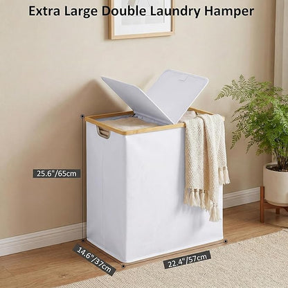 efluky Laundry Hamper with Lid, Double Laundry Basket with 2 Removable Bags, 2 Section Laundry Bin with Bamboo Handles for Bathroom, Bedroom & Laundry Room, 140L (36.9 Gallon) White