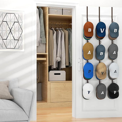 HapiRm Over Door Hat Rack - 3 Packs Hat Organizer with 12 Hooks Design, Hanging Baseball Cap Organizer Storage Holds Up to 60 Caps for Door, Bedroom, Closet (Brown)