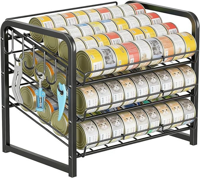 Iron Cat Food Container, Can Organizer for Pantry, Pet Food Storage Containers, 3-Tier Can Stackable Storage Rack with 6 Fixed Hooks, Canned Goods Organizer for Countertop Kitchen Cabinet, Black