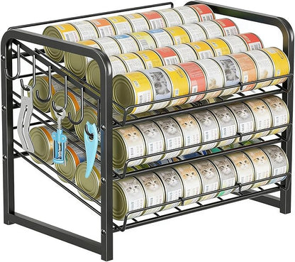 Iron Cat Food Container, Can Organizer for Pantry, Pet Food Storage Containers, 3-Tier Can Stackable Storage Rack with 6 Fixed Hooks, Canned Goods Organizer for Countertop Kitchen Cabinet, Black