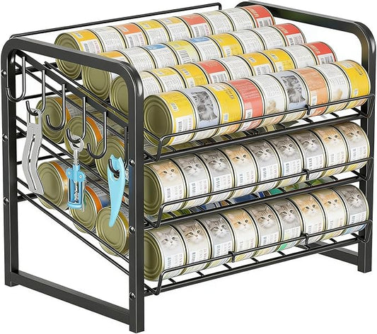 Iron Cat Food Container, Can Organizer for Pantry, Pet Food Storage Containers, 3-Tier Can Stackable Storage Rack with 6 Fixed Hooks, Canned Goods Organizer for Countertop Kitchen Cabinet, Black