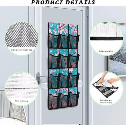 Cherry Blossom Over Door Shoe Organizer Easy to Install Behind the Door Storage 4 Shelf 12 Mesh Pockets Hanging Rack for Shoes and Accessories Multi-purpose Door Hanger Organizer