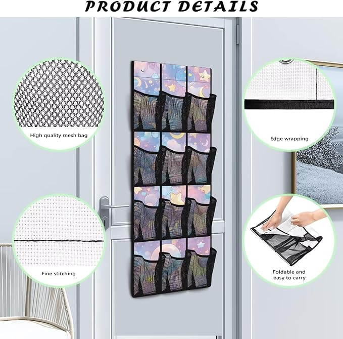 Candy Colored Behind Door Organizer Mesh Fabric Moon Over The Door Shoe Organizer for Closet Stars Wall Hanging Storage Easy to Install Shoe Holder Hanger