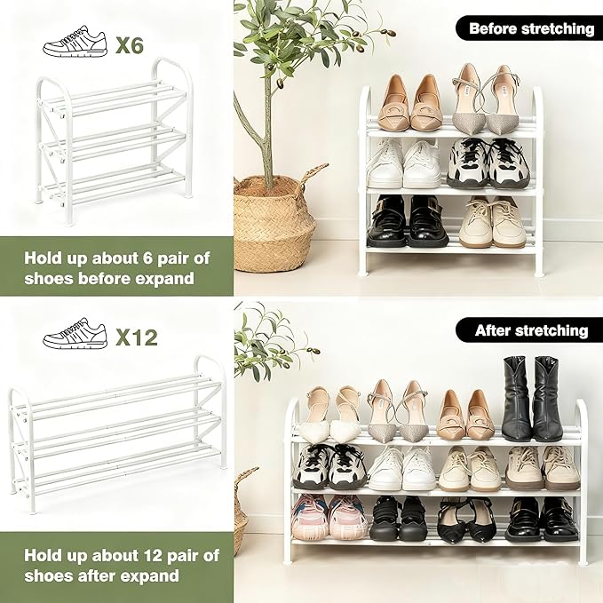 3-Tier Shoe Rack for Closet, 16"-32" Expandable ShoeRackAdjustable for Entryway Closet Doorway SturdyMetal, White