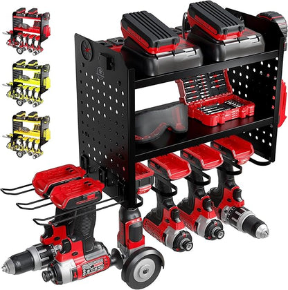 BUILTSTRONG Power Tool Organizer Wall Mount – 3-Tier Heavy-Duty Steel Rack, 6 Drill Slots, Dual Pegboard Sides, Side-by-Side Modular, 100 lb Capacity – Garage & Workshop (Black)