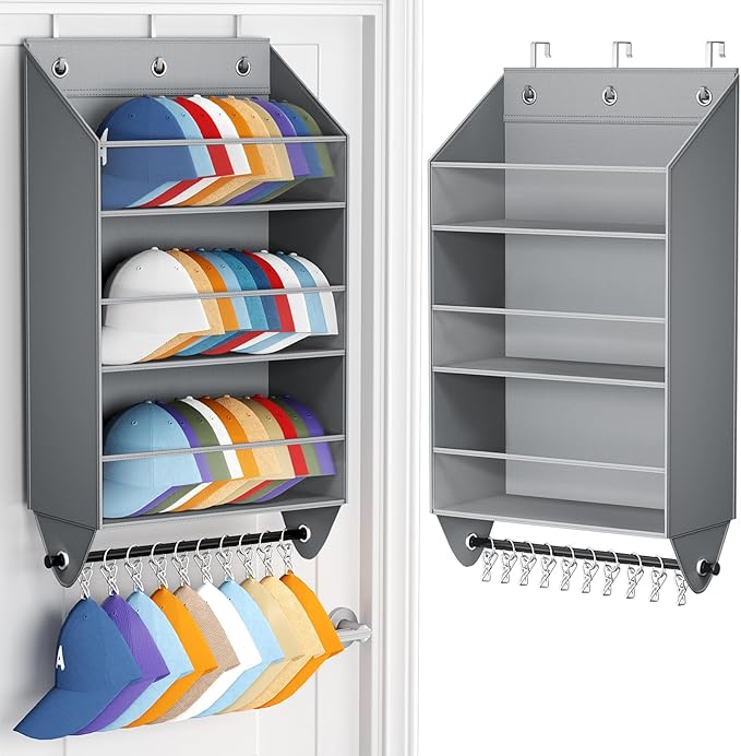 Homsorout Over the Door Hat Rack - 3-Layer Design Hat Organizer Holds 30-36 Hats with 10 Hooks, Ideal Hat Rack for Door, Over the Door Organizer for Closet, Apartment, Bedroom, Dorm, 1 Pack, Grey