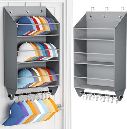 Homsorout Over the Door Hat Rack - 3-Layer Design Hat Organizer Holds 30-36 Hats with 10 Hooks, Ideal Hat Rack for Door, Over the Door Organizer for Closet, Apartment, Bedroom, Dorm, 1 Pack, Grey