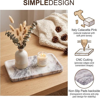 Calcatta Pink Marble Vanity Tray for Bathroom Counter-12 X7 Decorative Tray for Perfume, Candles, Stone Jewelry Dish Tray