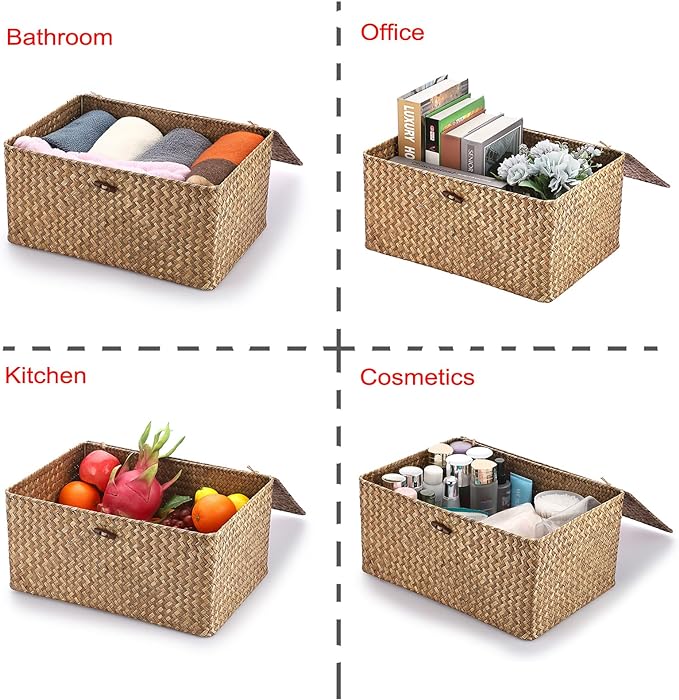 Hipiwe Wicker Shelf Baskets Bin with Lid, Handwoven Seagrass Basket Storage Bins Rectangular Household Basket Boxes for Shelf Wardrobe Home Organizer, Coffee X-Large