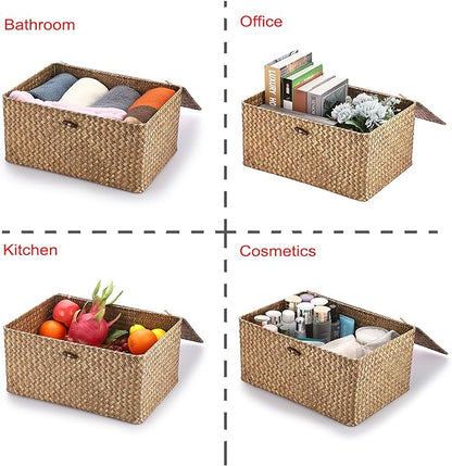 Hipiwe Wicker Shelf Baskets Bin with Lid, Handwoven Seagrass Basket Storage Bins Rectangular Household Basket Boxes for Shelf Wardrobe Home Organizer, Coffee X-Large
