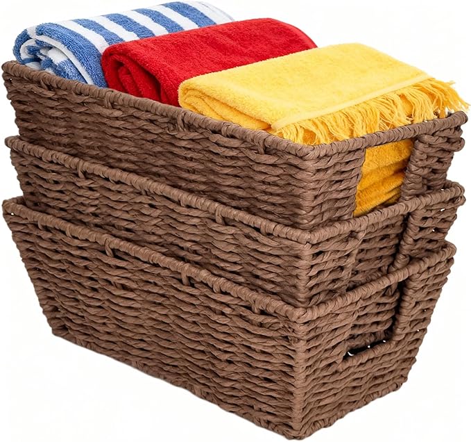Paper Rope Storage Baskets for Shelves Organizing, Small Hand Woven Wicker Organizer Basket with Handle for Bathroom Toilet Paper Storage, Brown, 3-Pack