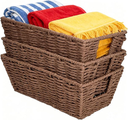 Paper Rope Storage Baskets for Shelves Organizing, Small Hand Woven Wicker Organizer Basket with Handle for Bathroom Toilet Paper Storage, Brown, 3-Pack