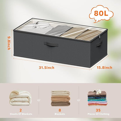 10inch 3 Pack Under Bed Storage Containers, 10 Inch Tall Underbed Clothes Storage Organizer Bin with Clear Window，Foldable Box Basket for Clothes, Closet, Bed Sheets and Blankets Black