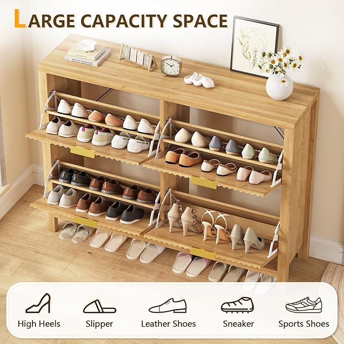 YOMILUVE Shoe Cabinet Storage for Entryway, Fluted Shoe Cabinet with 4 Flip Drawers, Hidden Shoe Rack Freestanding Wooden Shoe Organizer with Legs for Hallway, Oak