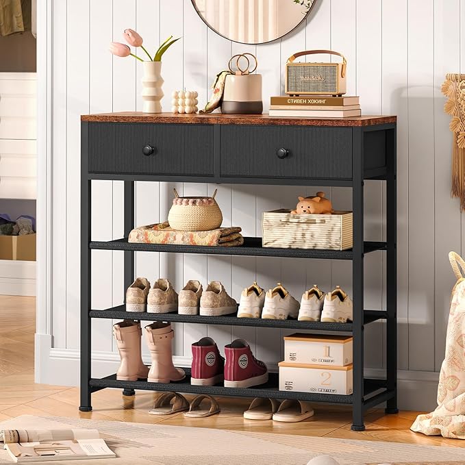 usikey Shoe Rack, 4 Tier Shoe Storage Organizer with 2 Drawers, Metal Shoe Shelf for 9-12 Pairs of Shoes, with 3 Oxford Fabric Shelves and Wooden Top, Shoe Stand for Closet Entryway, Black UNYXJX012H