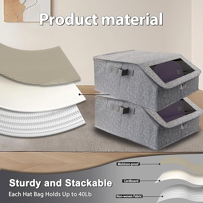Stackable Hat Storage for Baseball Caps, Holds up to 30 Caps with Cardboard, Hat Organizer for Women & Men, 2 PCS Hat Storage Boxes for Closet, Grey