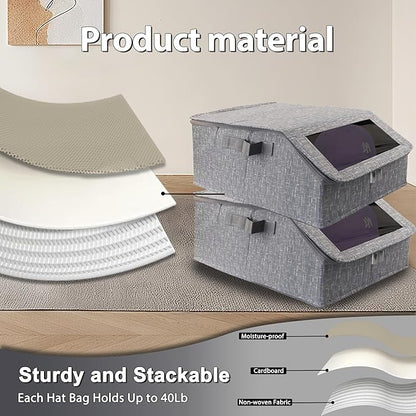Stackable Hat Storage for Baseball Caps, Holds up to 30 Caps with Cardboard, Hat Organizer for Women & Men, 2 PCS Hat Storage Boxes for Closet, Grey