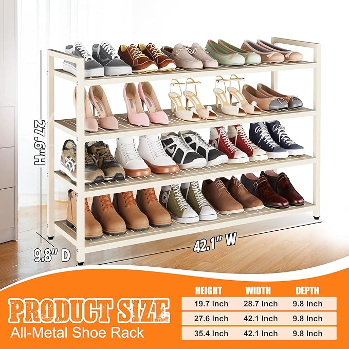 4-Tier Heavy Duty Metal Shoe Rack, 200 lbs Load Capacity Shoe Organizer with Reinforced Steel Tubes, No-Wobble Free Standing Shoe Shelf for Entryway, Closet, Bedroom, Dorm – Easy Assembly, Black